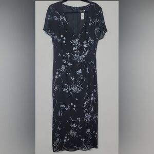 Liz Claiborne 100% Silk Floral Maxi Dress Size 10/S/M Black Ruched Sheer Sleeve